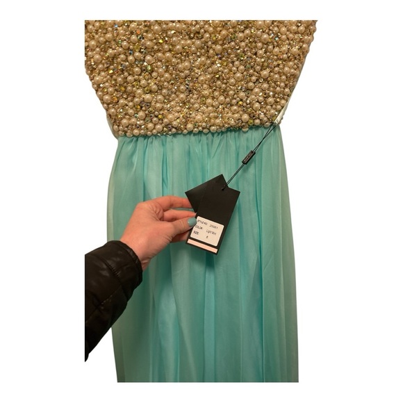 La Femme Elegant Strapless Mint Green Pearl and Gold Jeweled Top Prom Dress 8 - Picture 5 of 5